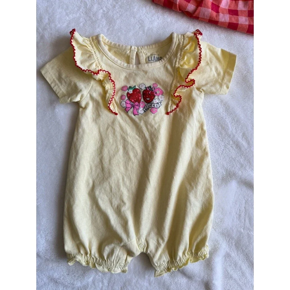 Llama 3-Piece Girls 9M Short Sleeve Romper Set Strawberry Print Cotton